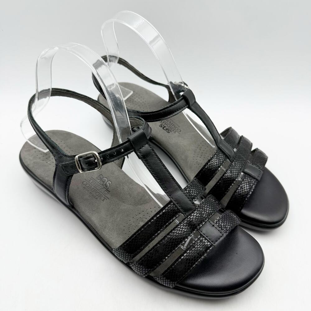 SAS Womens Capri Ankle Strap Sandal Size 9.5 Wide Black Snake Leather EUC